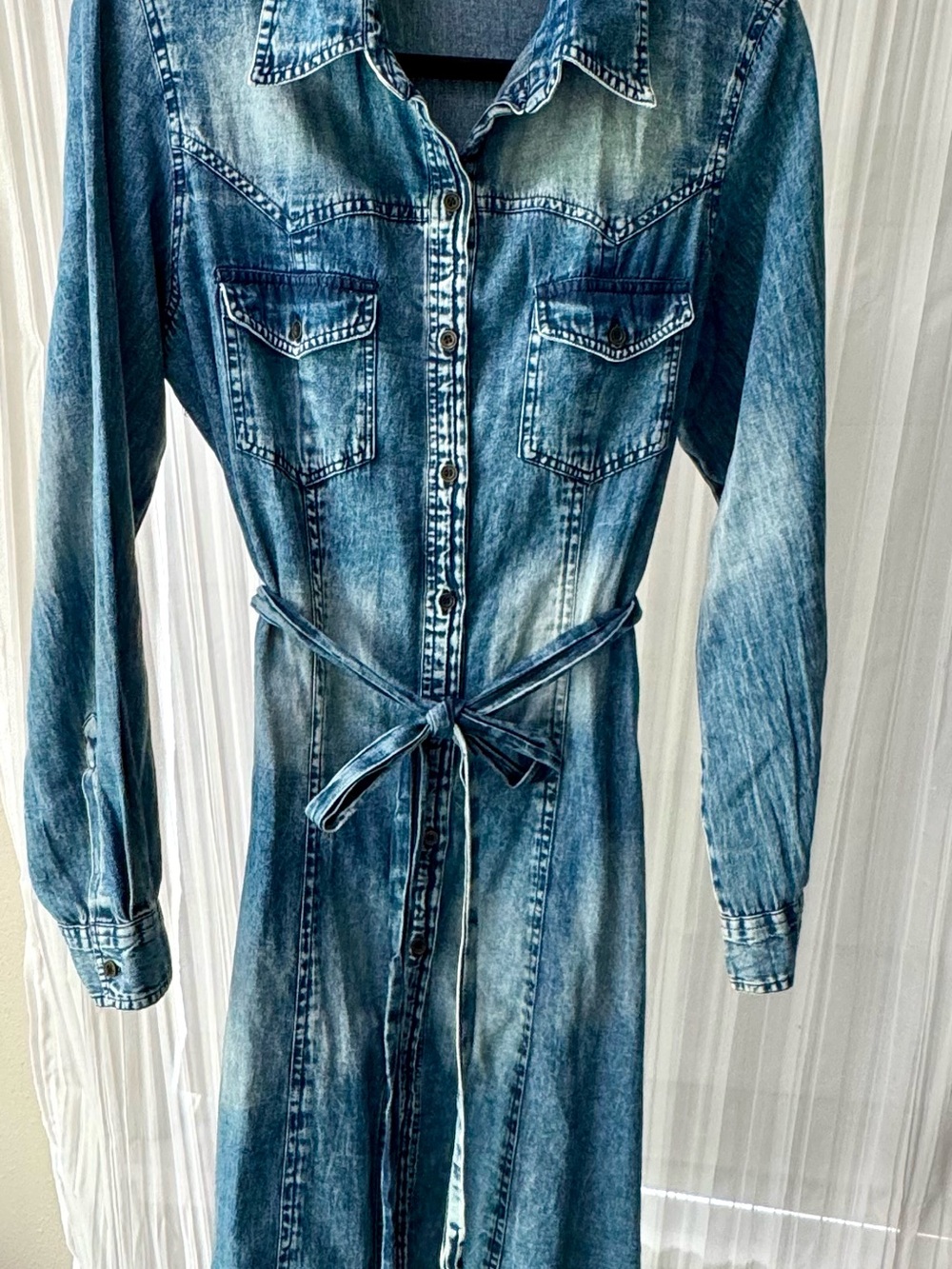 Denim Midi Shirt Dress with Tie Waist - Blue